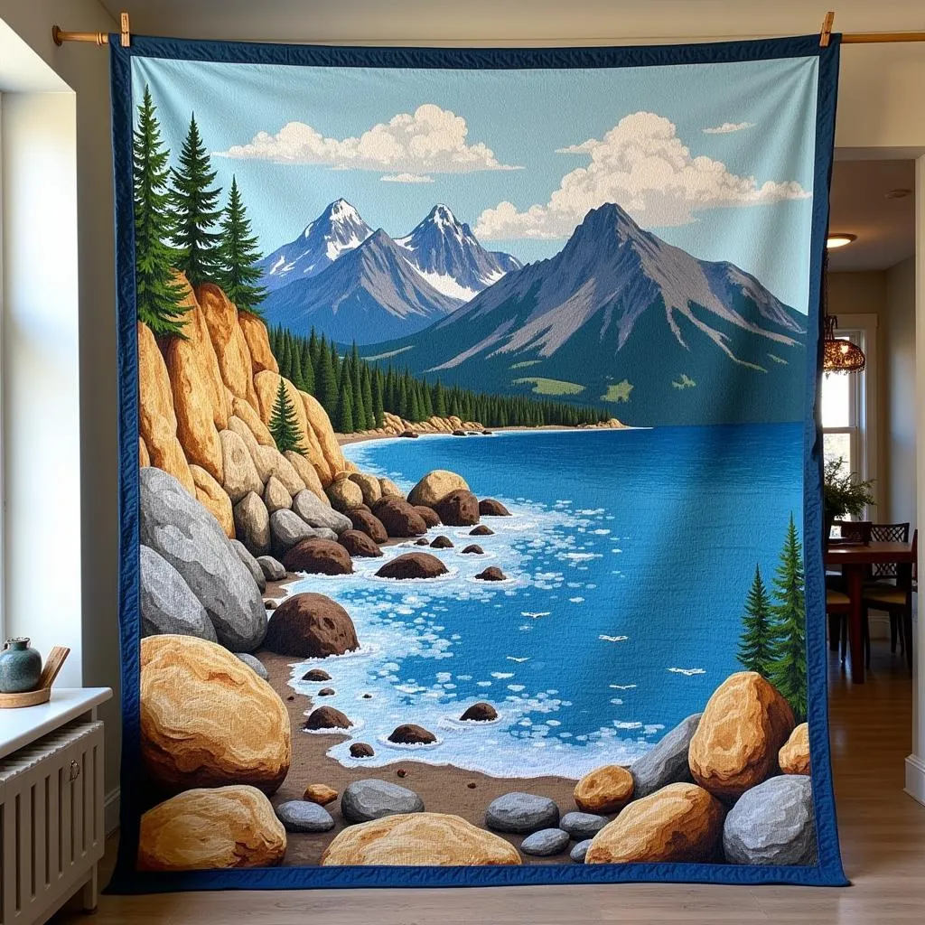 Landscape art quilt depicting a serene coastal scene with mountains and rocks