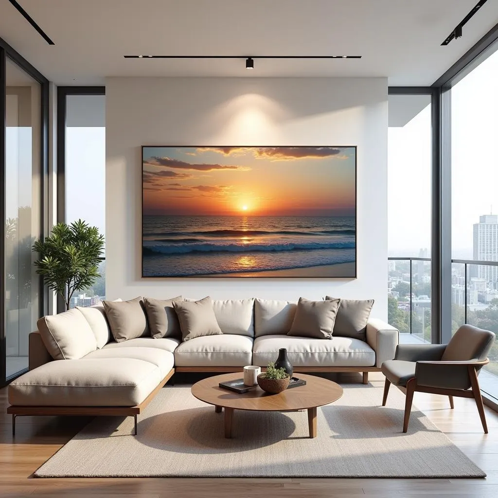 Modern Living Room with a Large Seascape Painting Above the Sofa