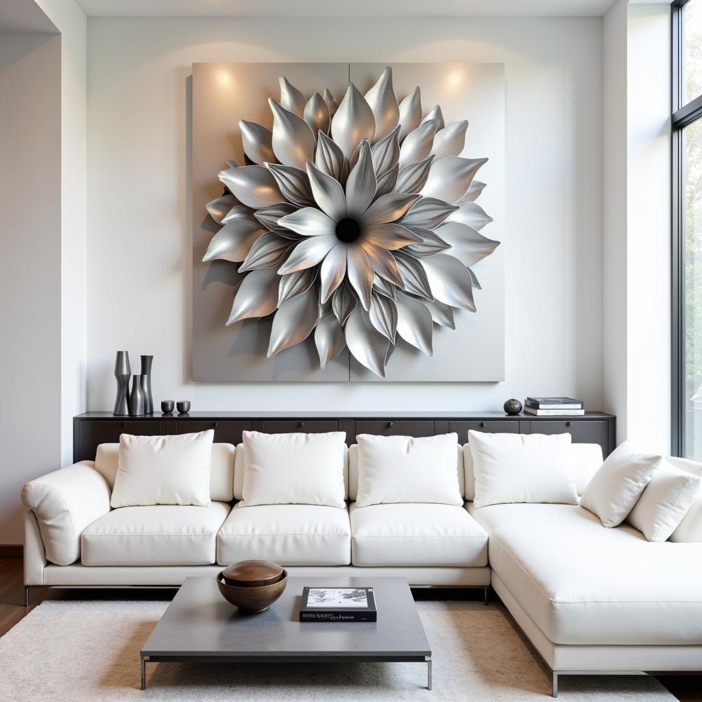 Modern living room with statement silver wall art