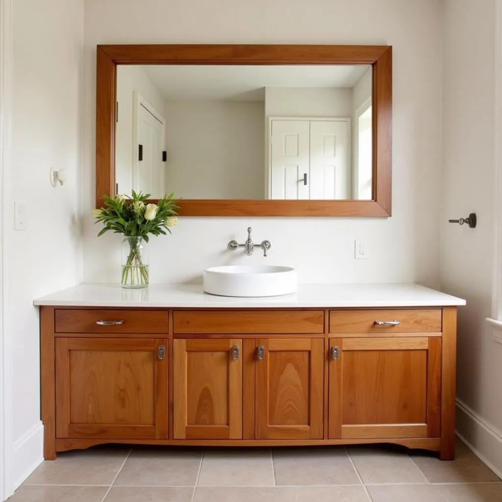 Modern bathroom with Arts and Crafts style bathroom vanity and wood framed mirror