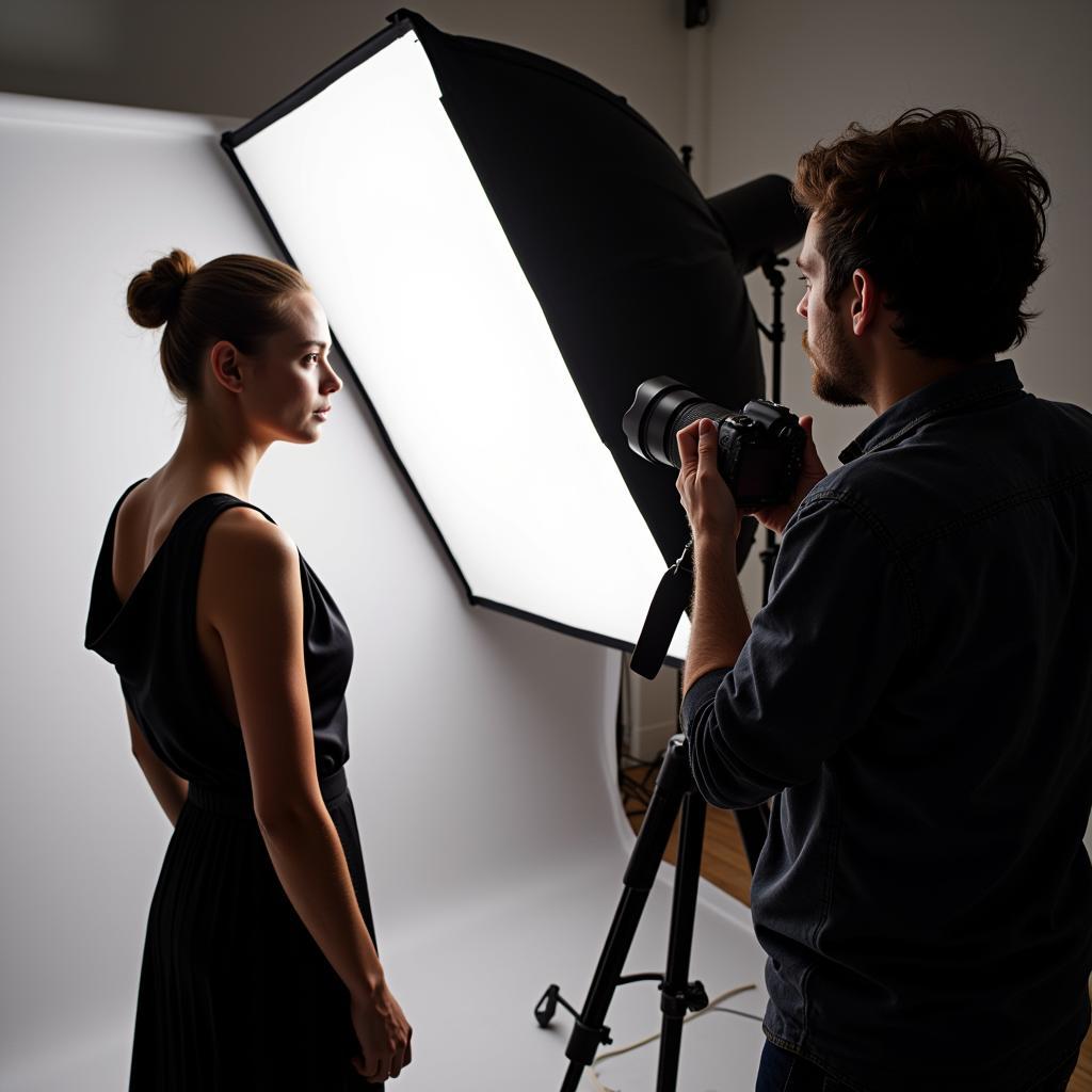 Photographer adjusting lighting equipment on set