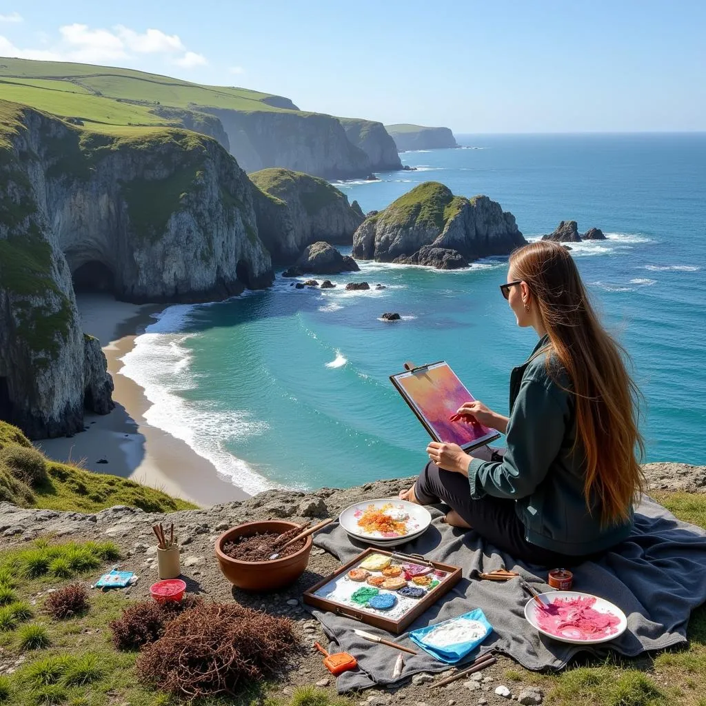 Woman painting on the beach with an easel