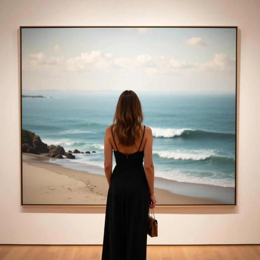 Woman Admiring a Seascape Painting in a Gallery