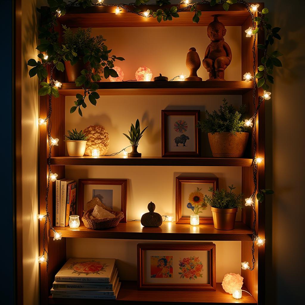 Physical Art Shrine on Bookshelf with Glowing Lanterns