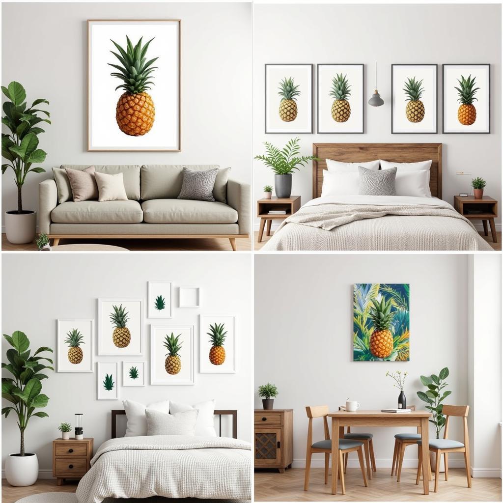 Examples of how framed pineapple art can be integrated into various interior design styles, such as bohemian, minimalist, and tropical.