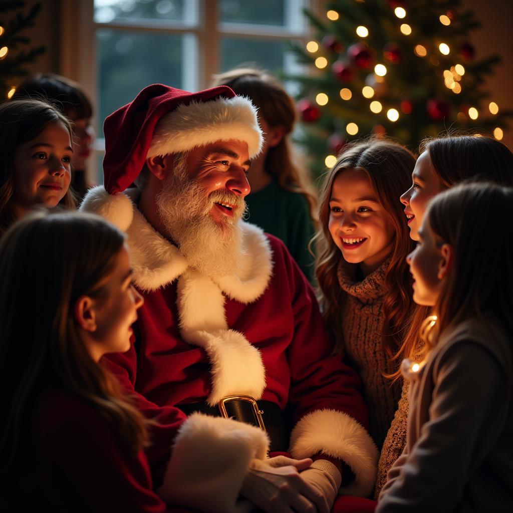 Characters from The Polar Express gathered around Santa Claus