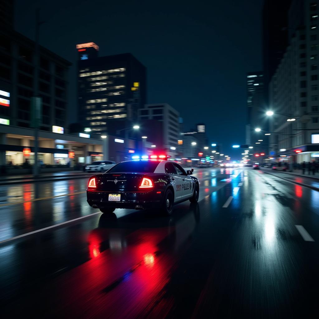 Police Car with Cityscape at Night Wall Art