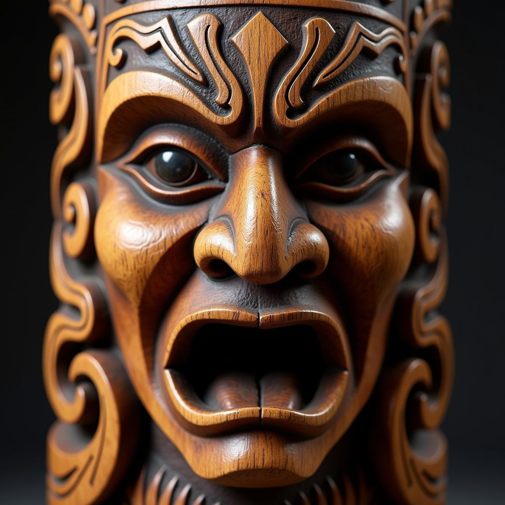 Polynesian wall art in the form of a carved wooden tiki mask.