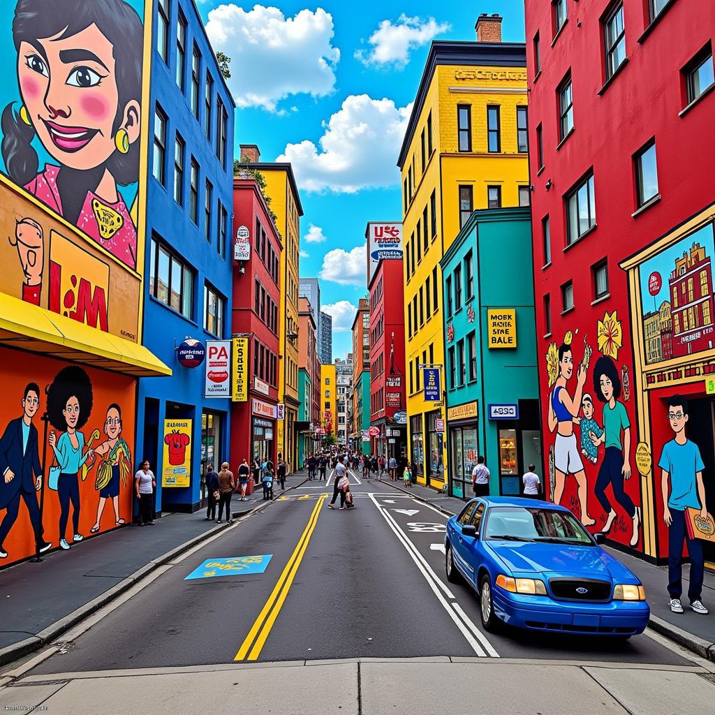 Pop art mural depicting a colorful cityscape