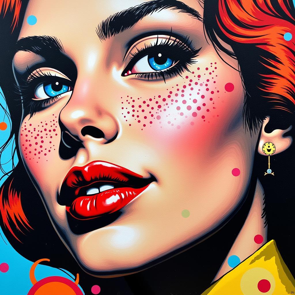 Close-up of a pop art mural featuring a stylized portrait