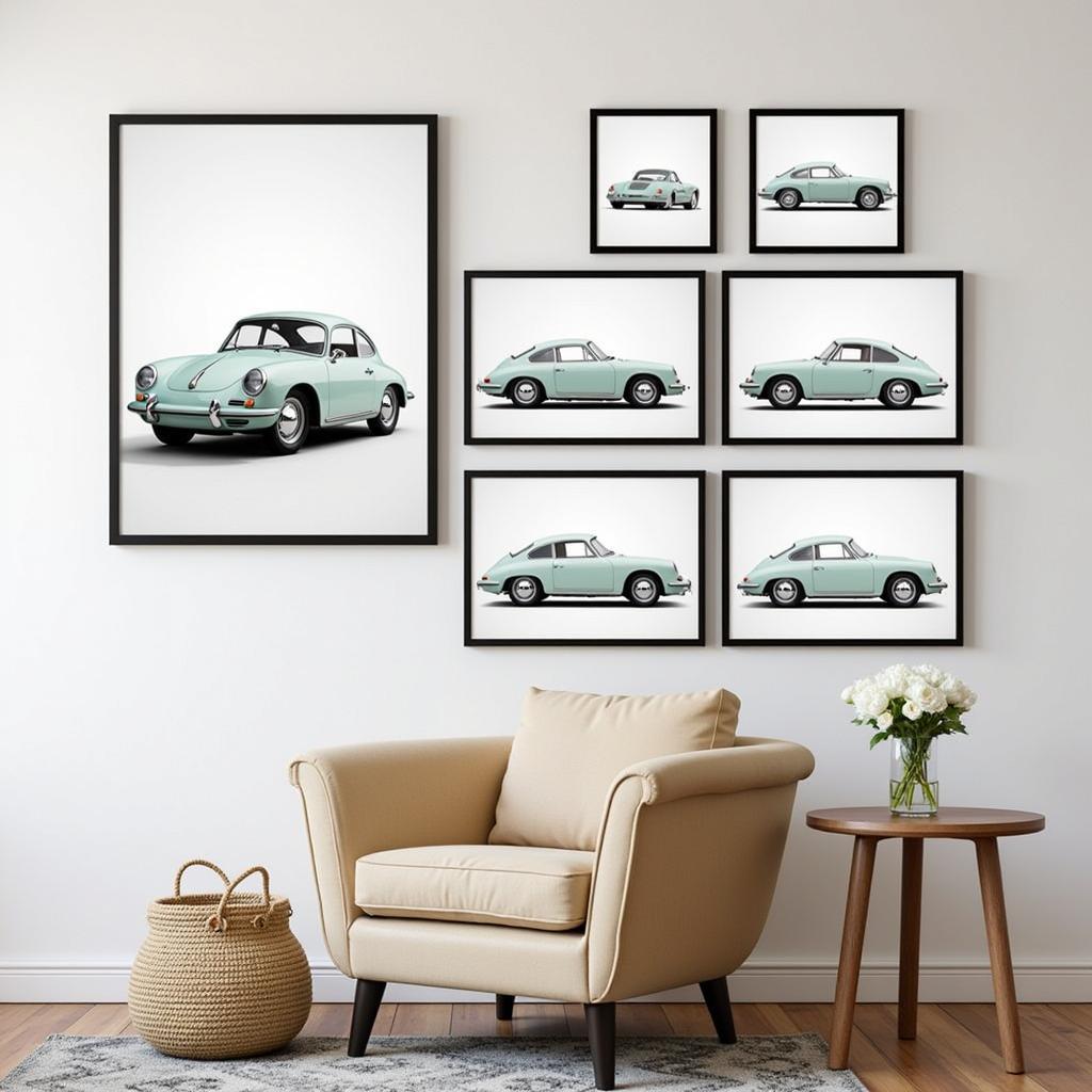 A collection of framed Porsche 356 art prints