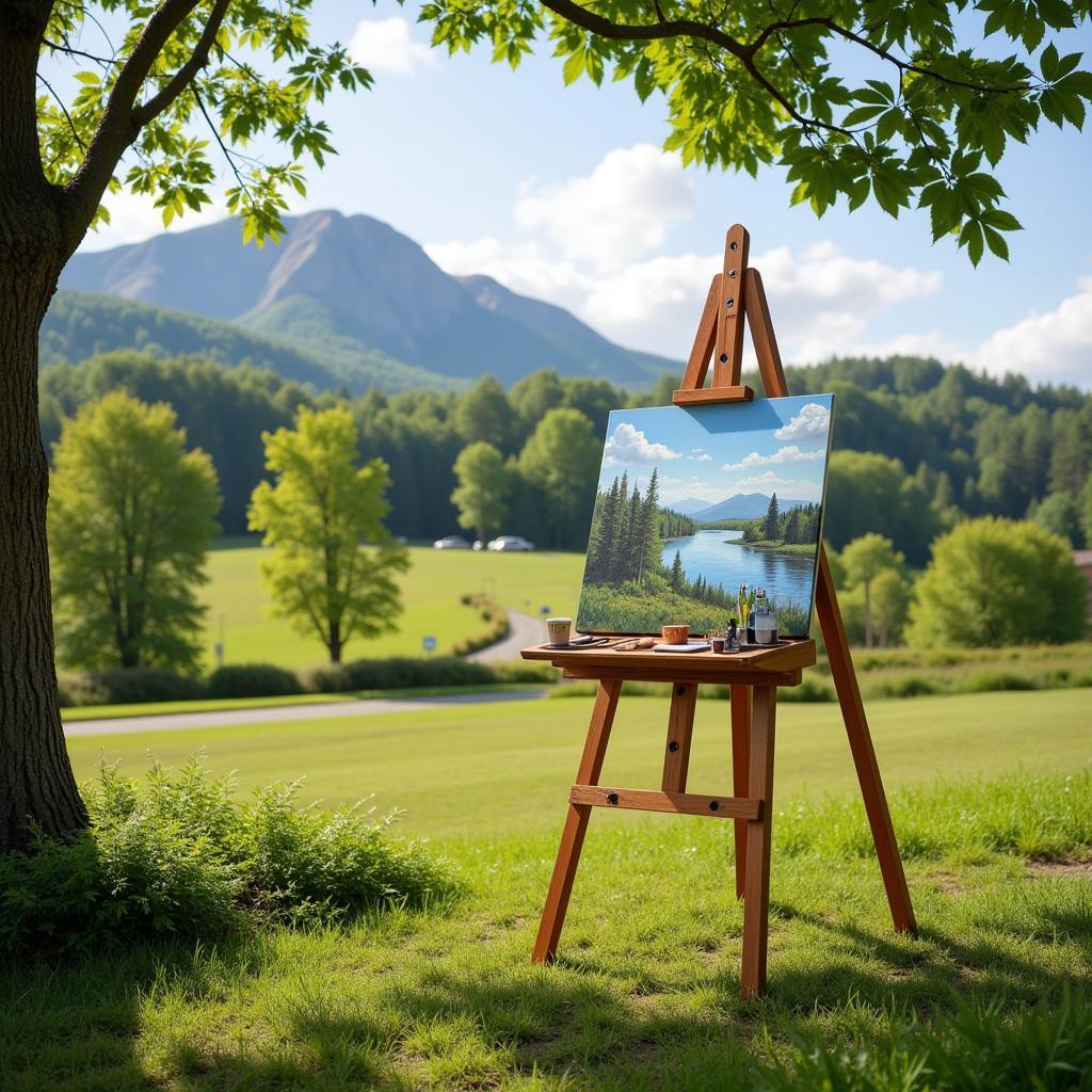 A portable art kit easel set up in an outdoor setting.