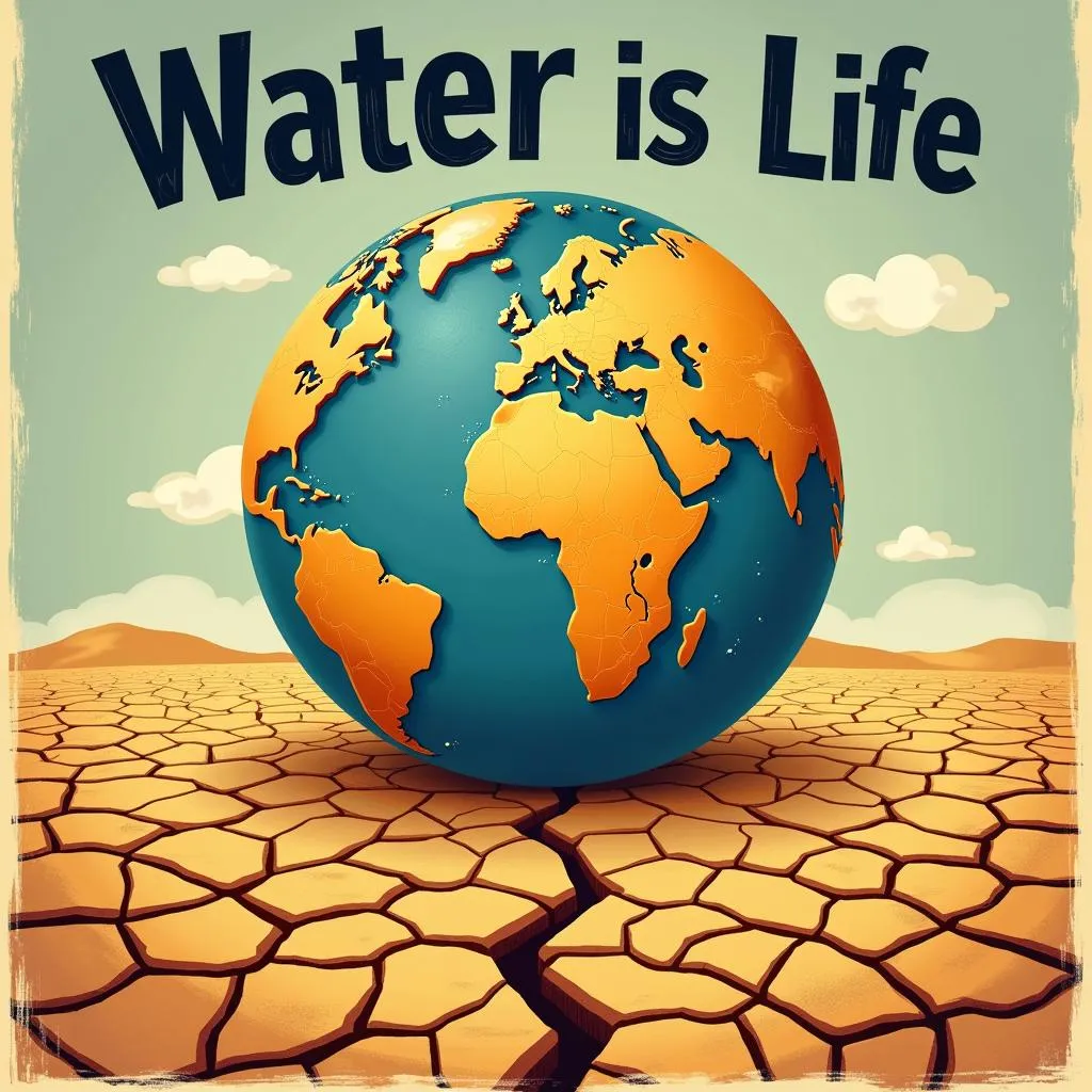 Poster art với hình ảnh Trái Đất khô cằn, nứt nẻ, truyền tải thông điệp "Water is Life"