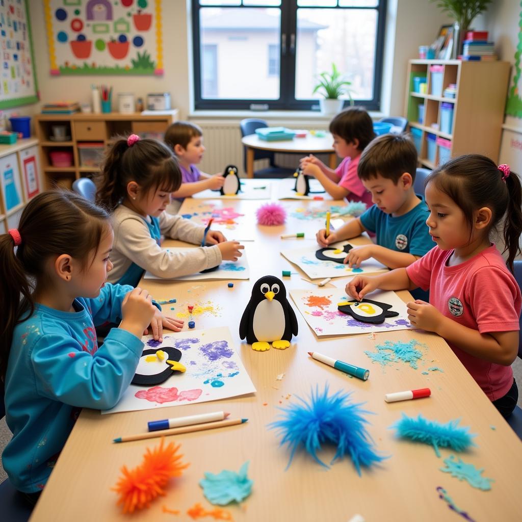 Preschoolers happily engaged in penguin art projects.