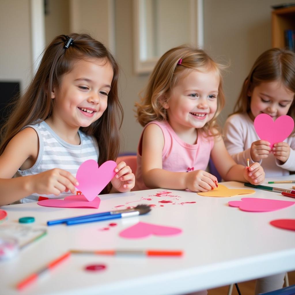 Preschoolers painting paper hearts