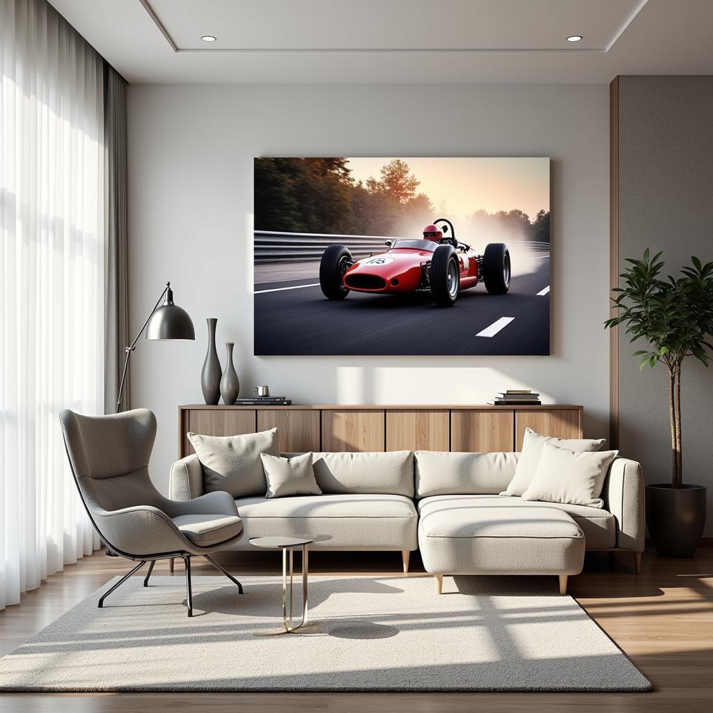 Modern living room featuring racing car wall art