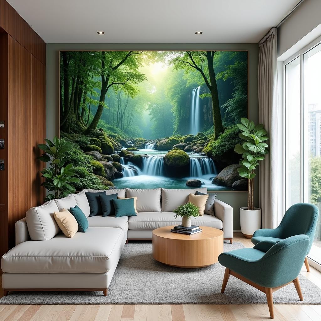 Lush rainforest wall art brightening a living room