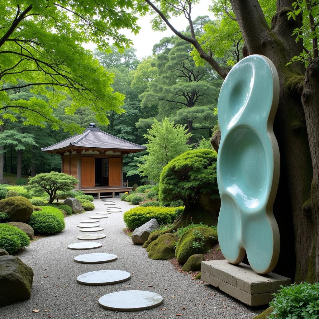 Raku Wall Sculpture in Japanese Garden Setting