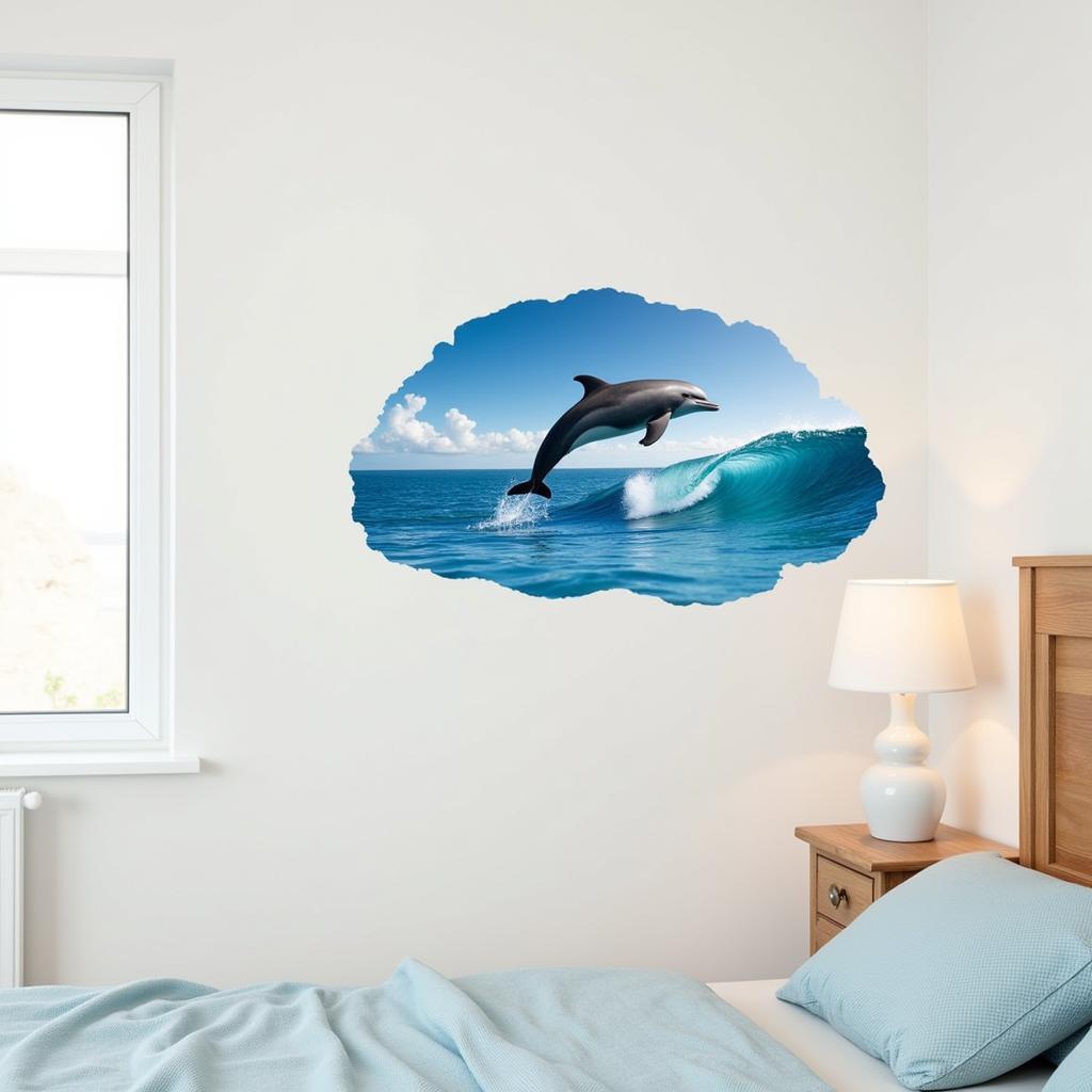 A realistic dolphin wall sticker gracefully leaping on a bedroom wall