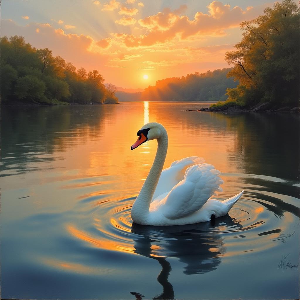 Realistic Painting of Swan on Lake at Sunset