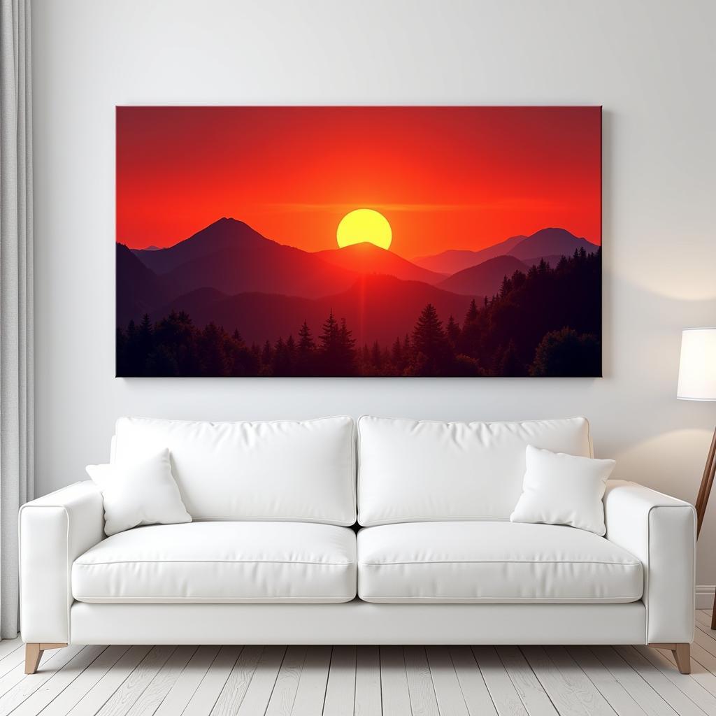 Large Red Landscape Canvas Art in a Minimalist Living Room