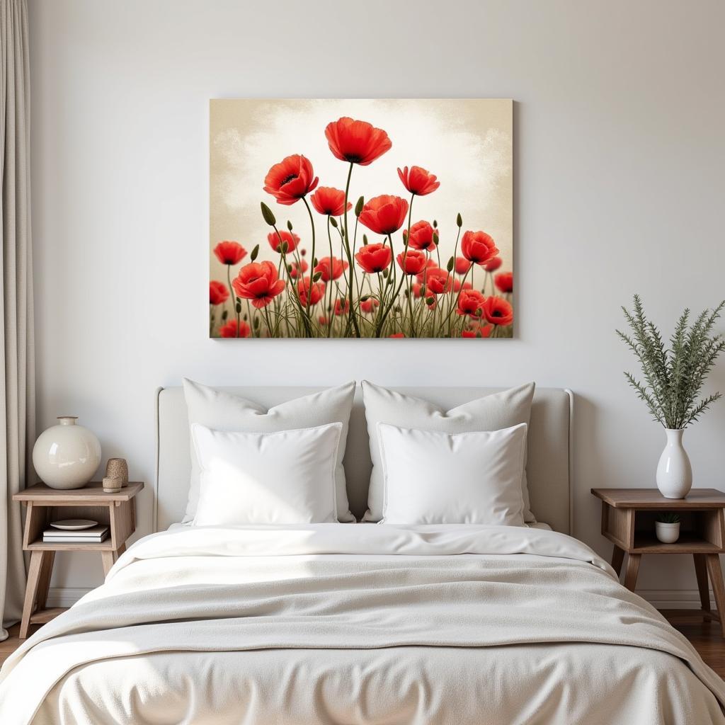 Red poppies canvas wall art above a bed