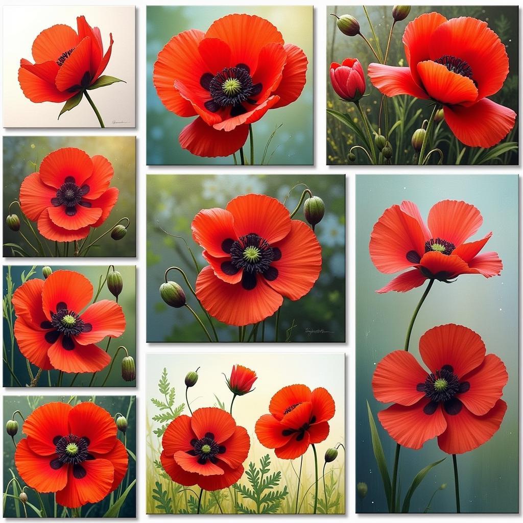 Different styles of red poppies canvas wall art