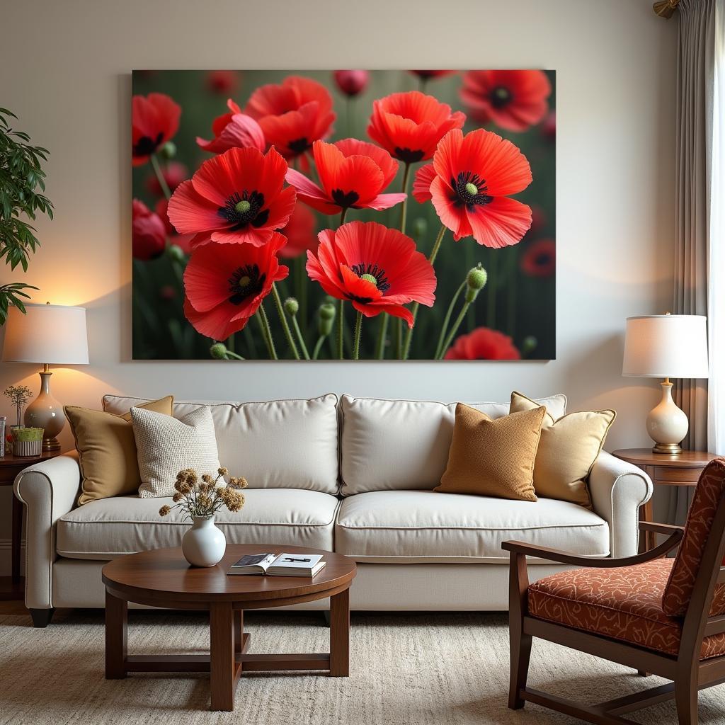 Red poppies canvas wall art in a living room setting