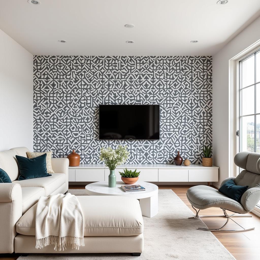 Living room with a removable wallpaper accent wall