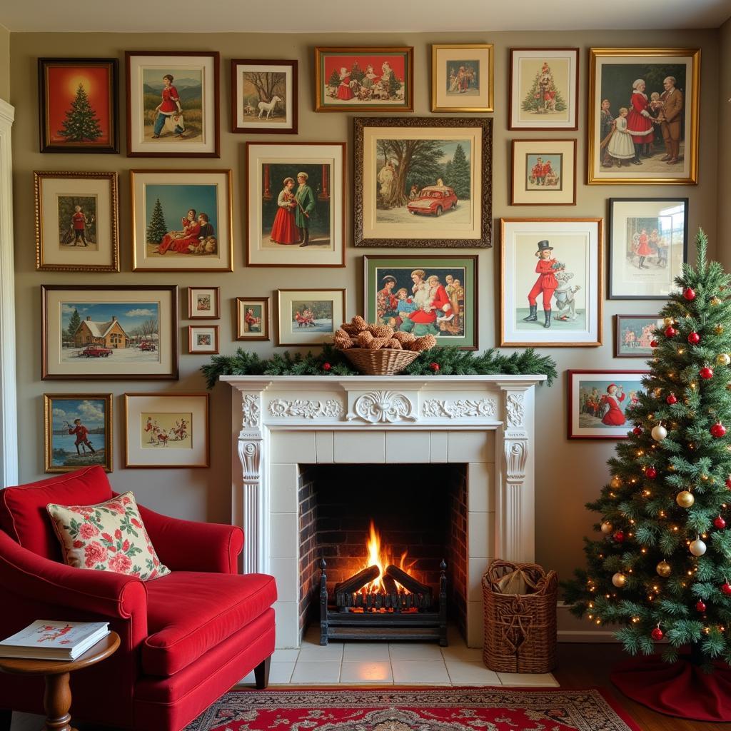 Vintage Christmas Wall Art in a Cozy Living Room