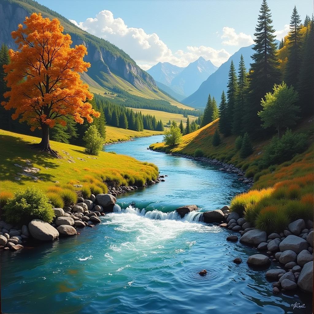 Oil painting depicting a serene river landscape