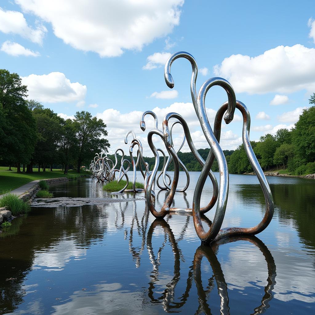 Abstract metal sculpture installation inspired by river currents.