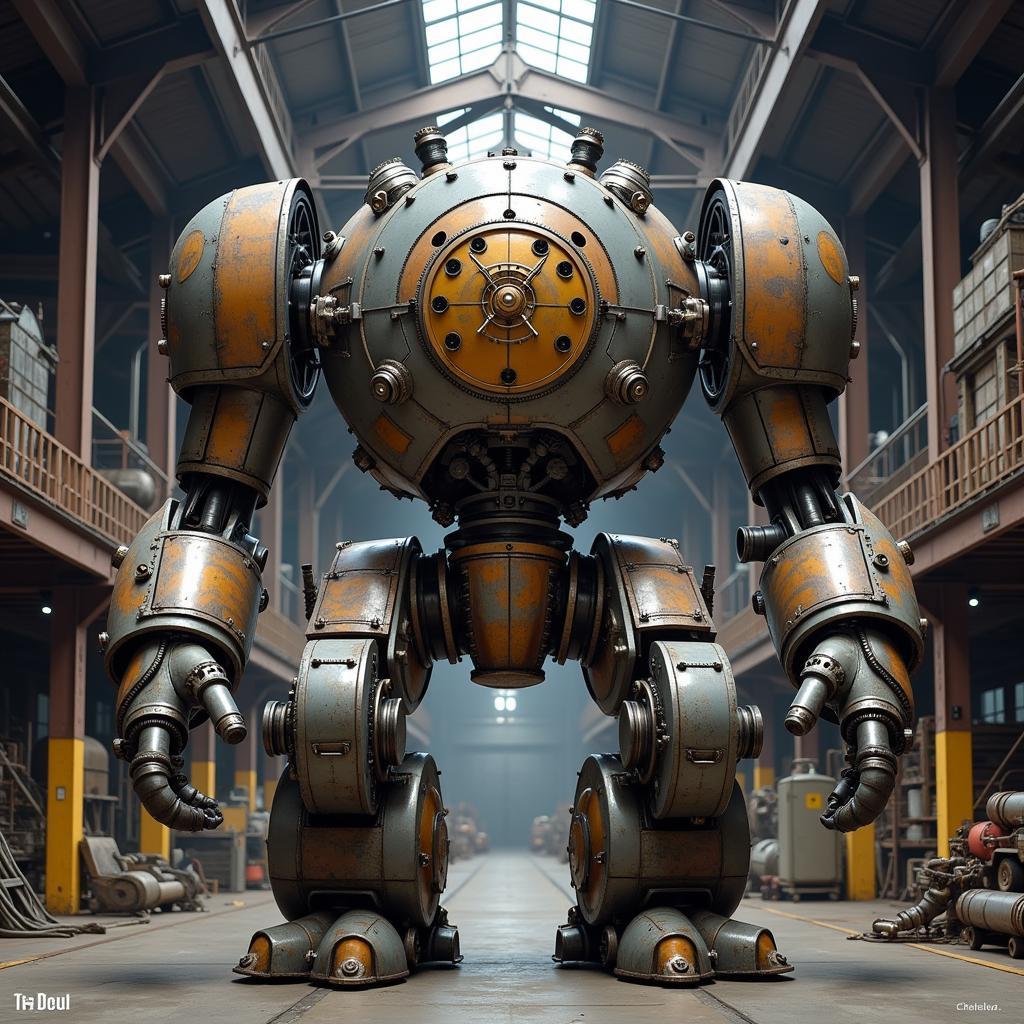 Robot Steampunk đứng sừng sững trong một nhà máy