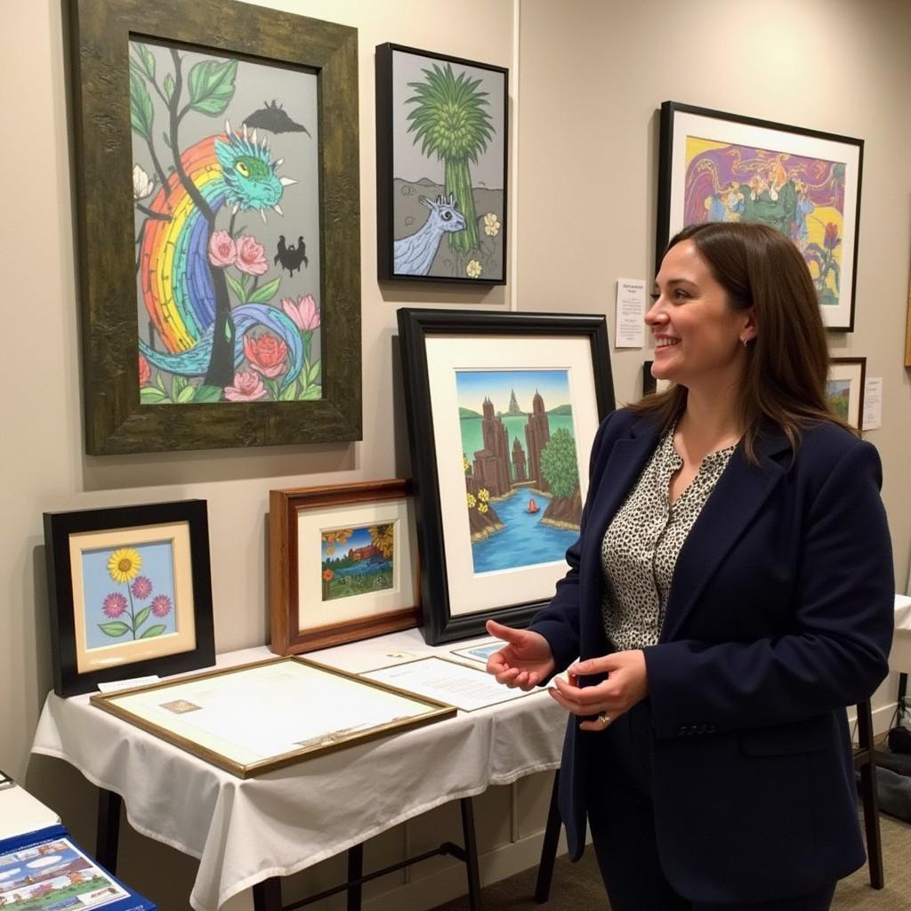 Artist Emily Carter talking to visitors at her booth during Rockland Art Walk