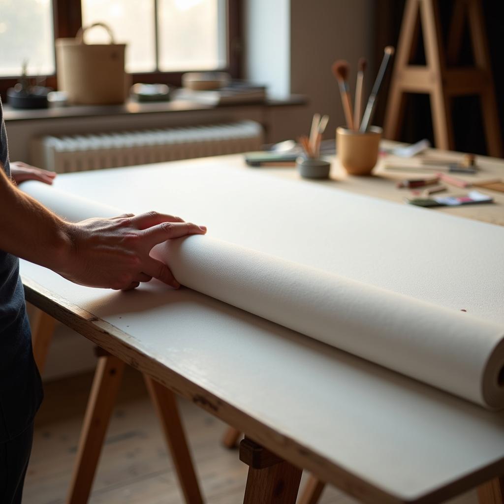 Artist unrolling canvas in a studio