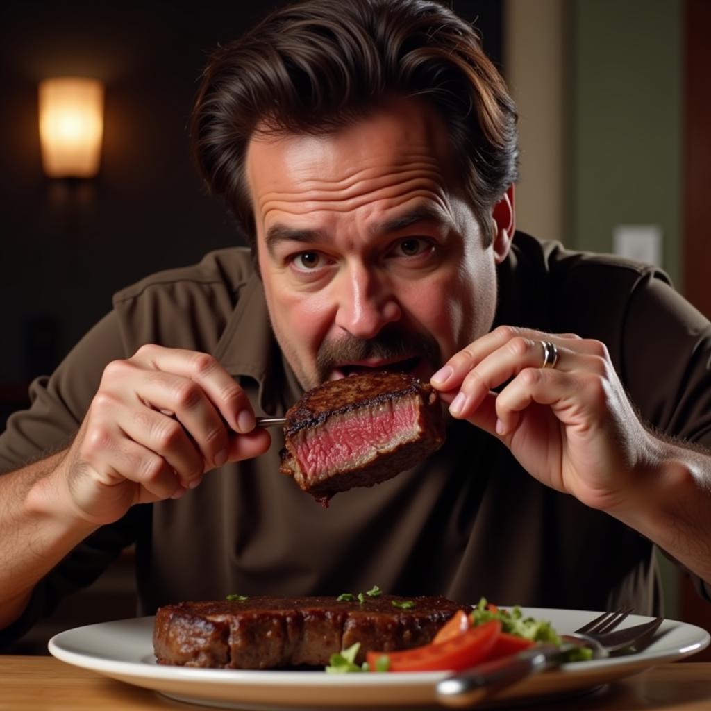 Ron Swanson enjoying a perfectly cooked steak