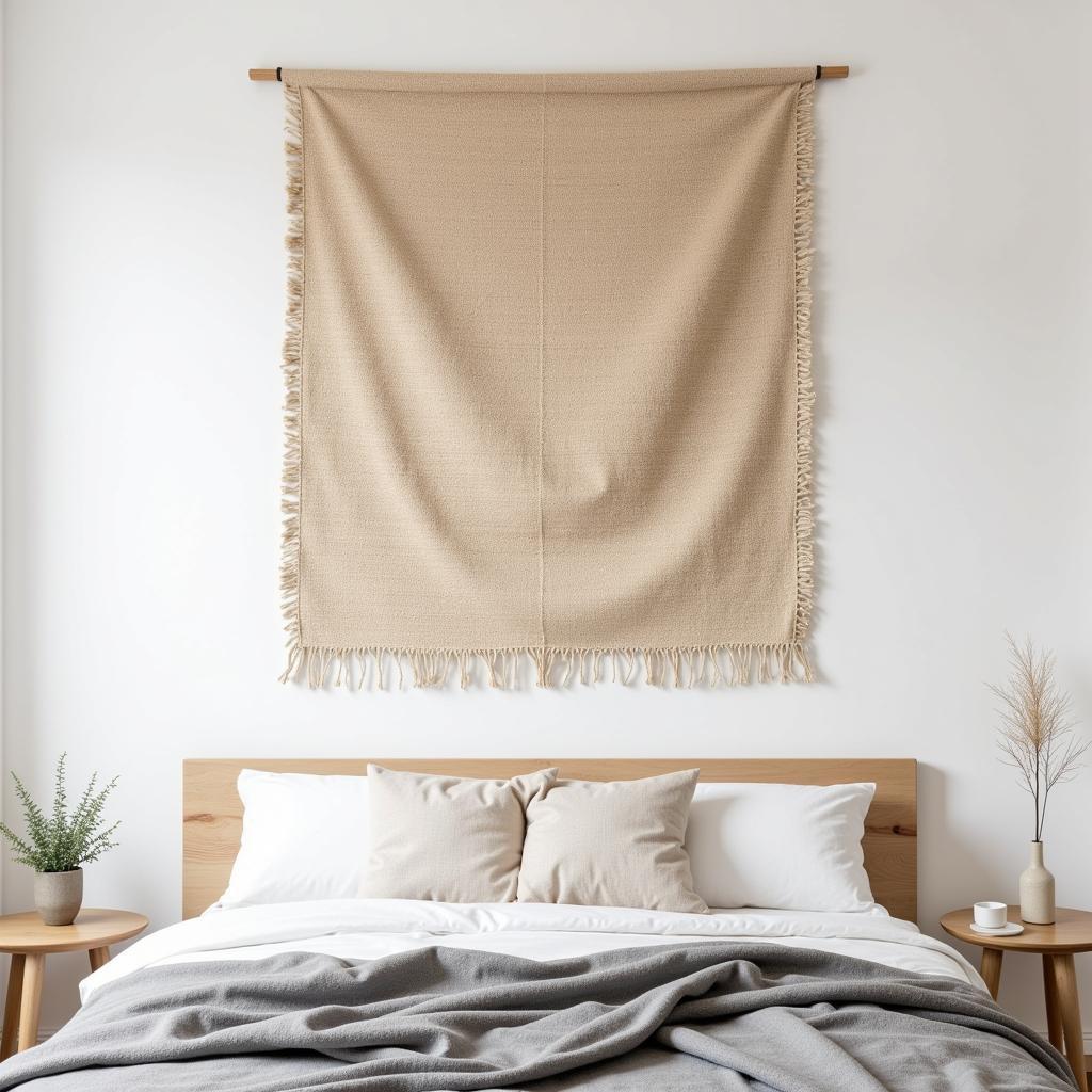 A woven rug adds texture to a minimalist bedroom