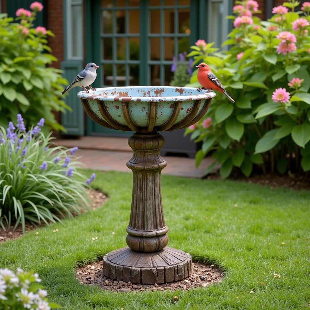 Rustic bird bath made from repurposed materials