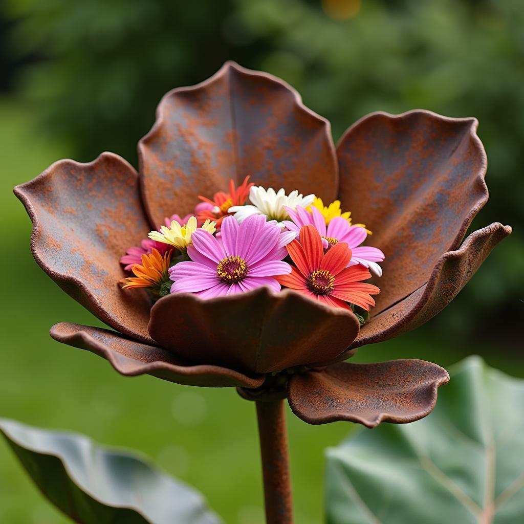 A rusty metal flower adorned with blooming flowers in a garden