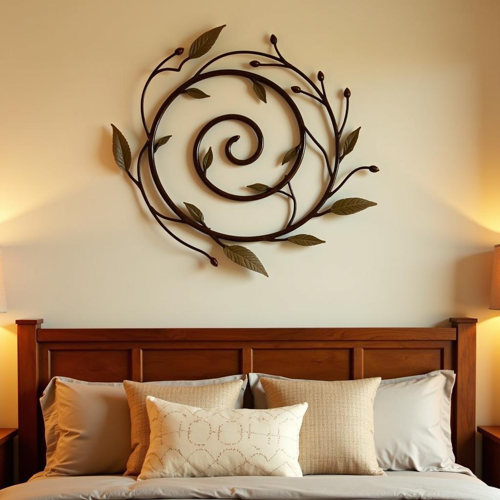 Rustic Metal Spiral Wall Art in Bedroom