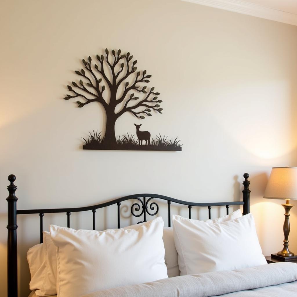 Rustic metal wall art in bedroom