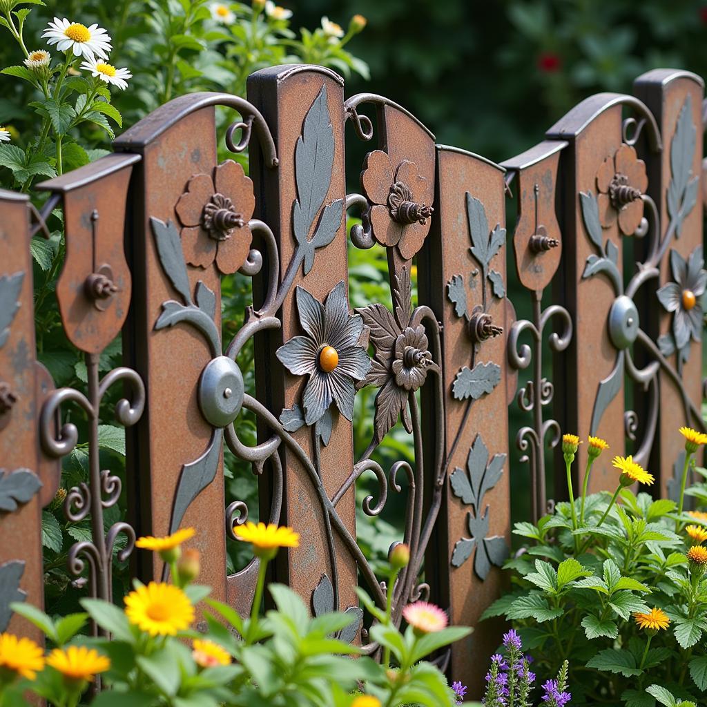 Rustic Metal Wall Art Decor on a Garden Fence