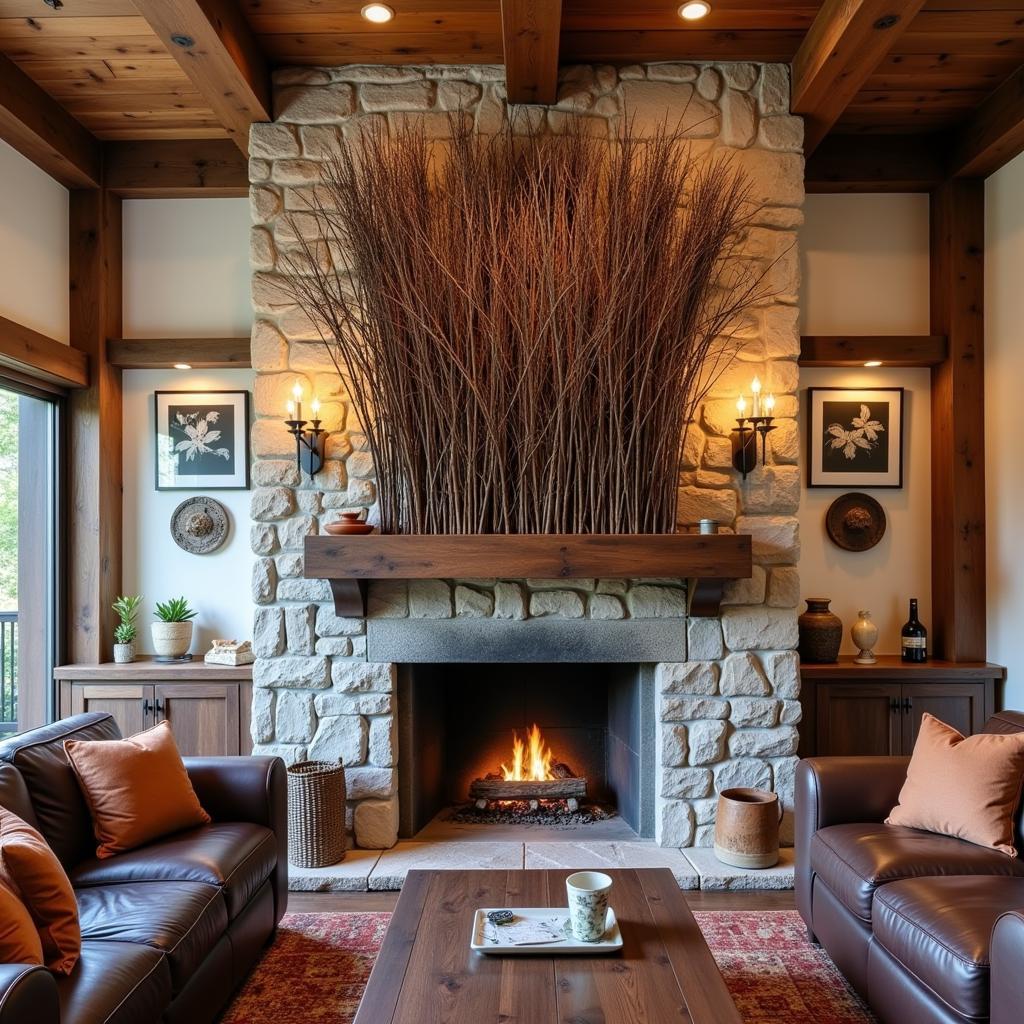 Rustic twig wall art above a fireplace in a cozy living room