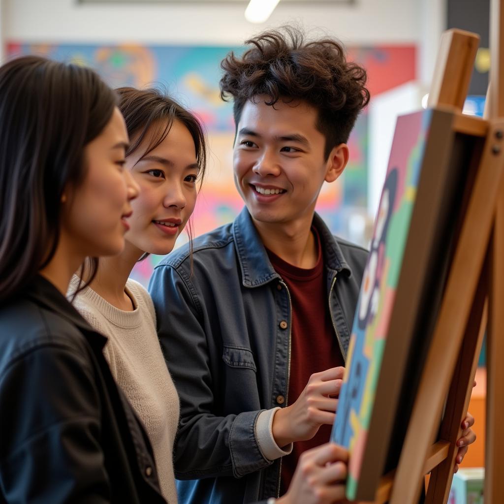 A group of art students engaged in a lively discussion about their artwork in a Santa Cruz art class