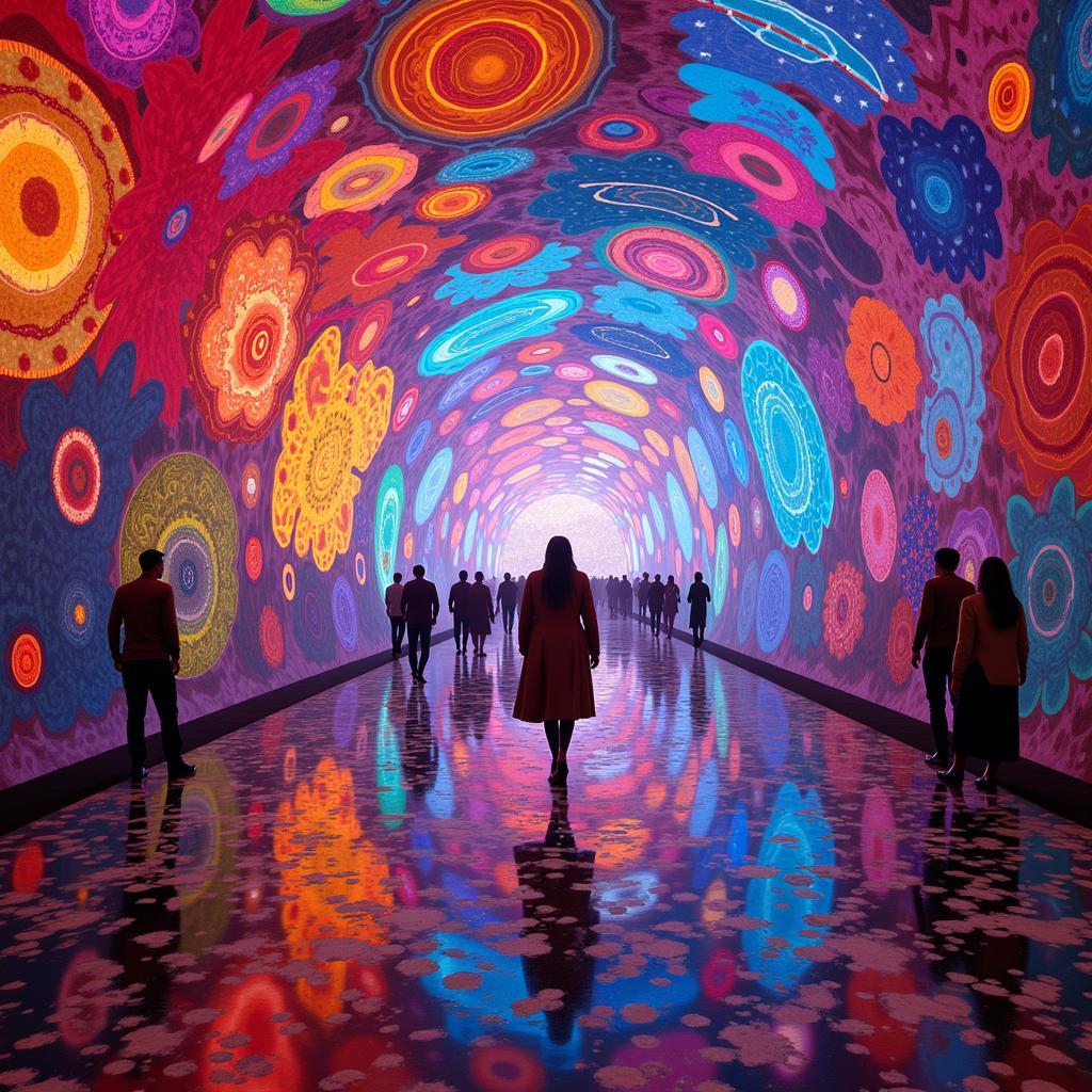 A visitor wearing a VR headset is immersed in a vibrant and interactive Santana art installation, highlighting the genre's expansion into immersive technologies.