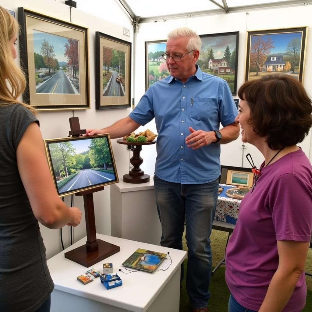 Artist interacting with visitors at their booth