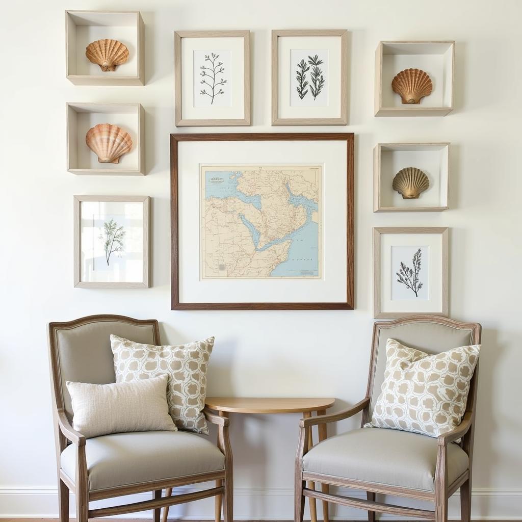 Gallery Wall with Seashells and Coastal Prints