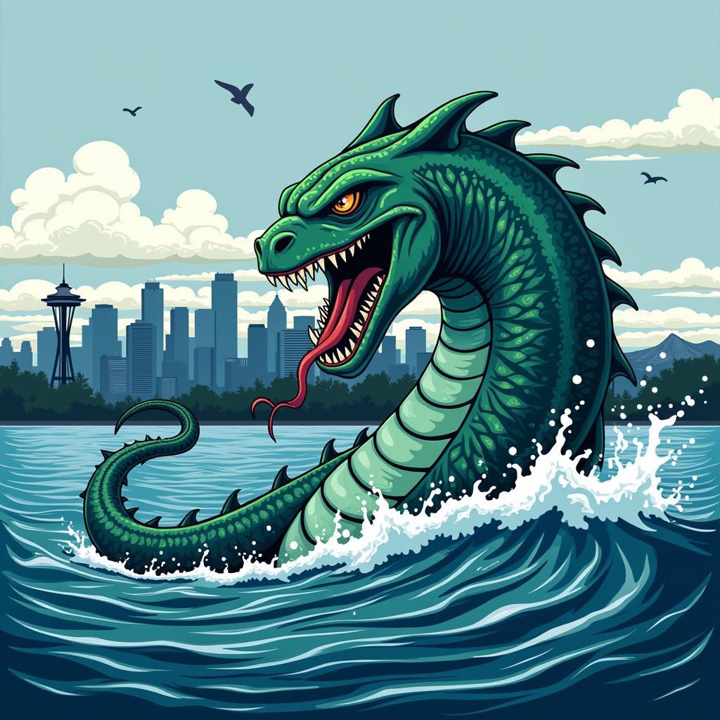 Seattle Kraken Art Integrated with Pacific Northwest Landscape