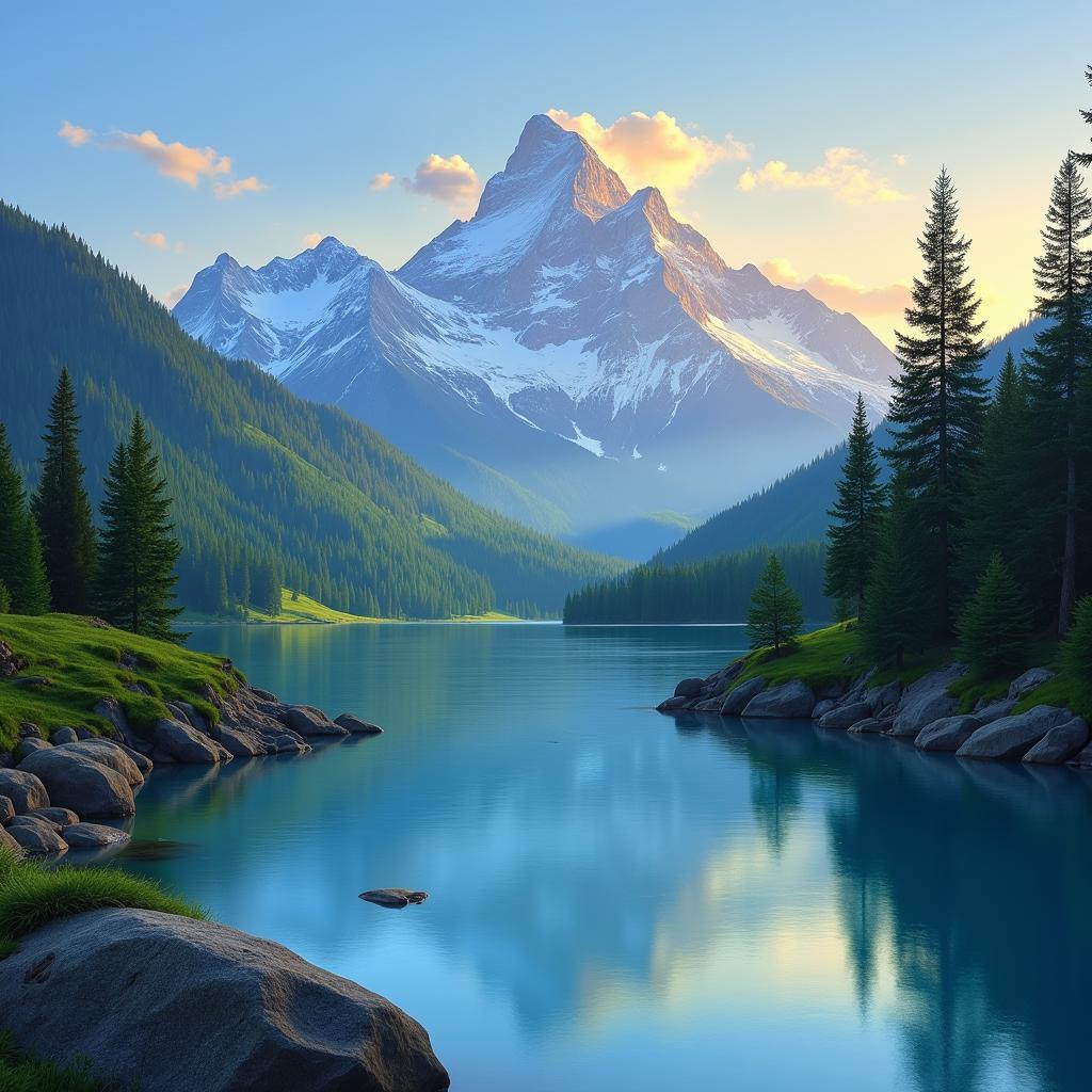 Serene Realistic Landscape Painting of a Mountain Range