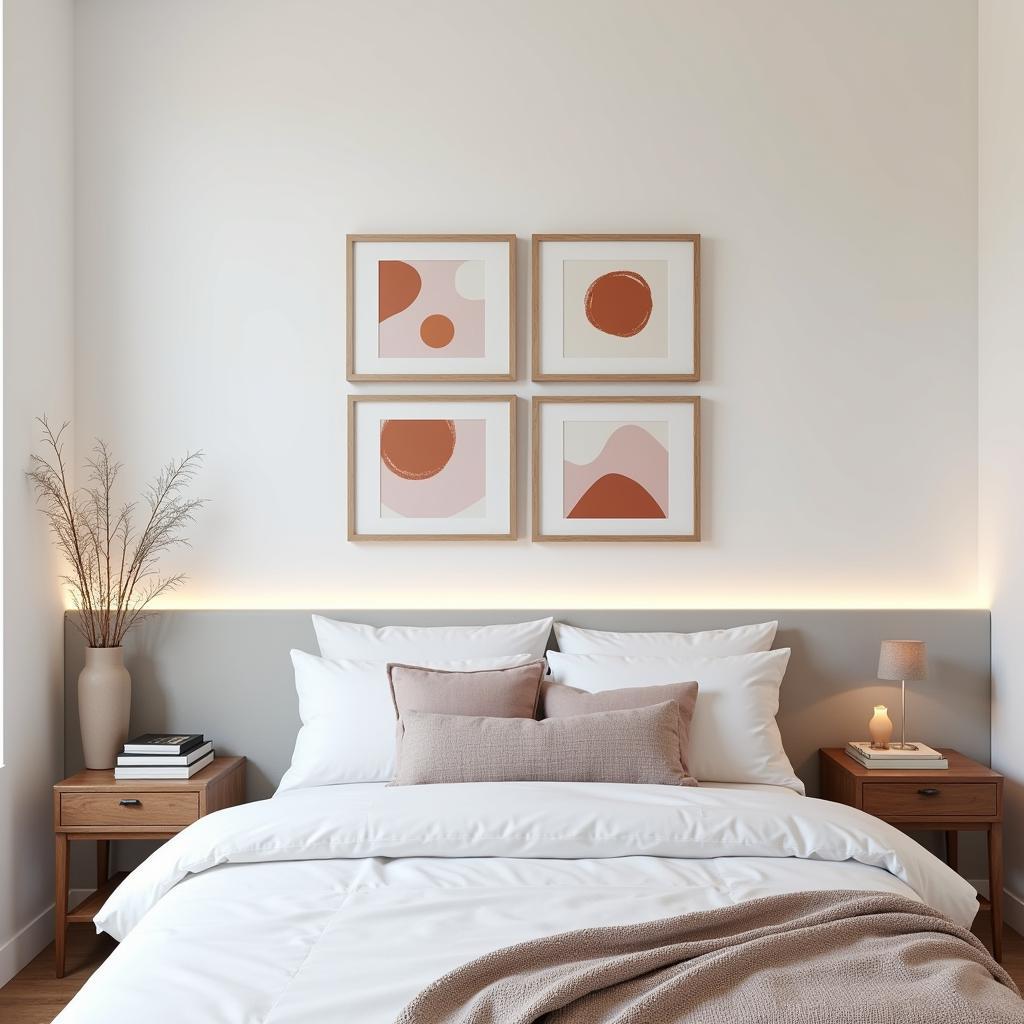 Bedroom with a set of 4 wall art above the bed